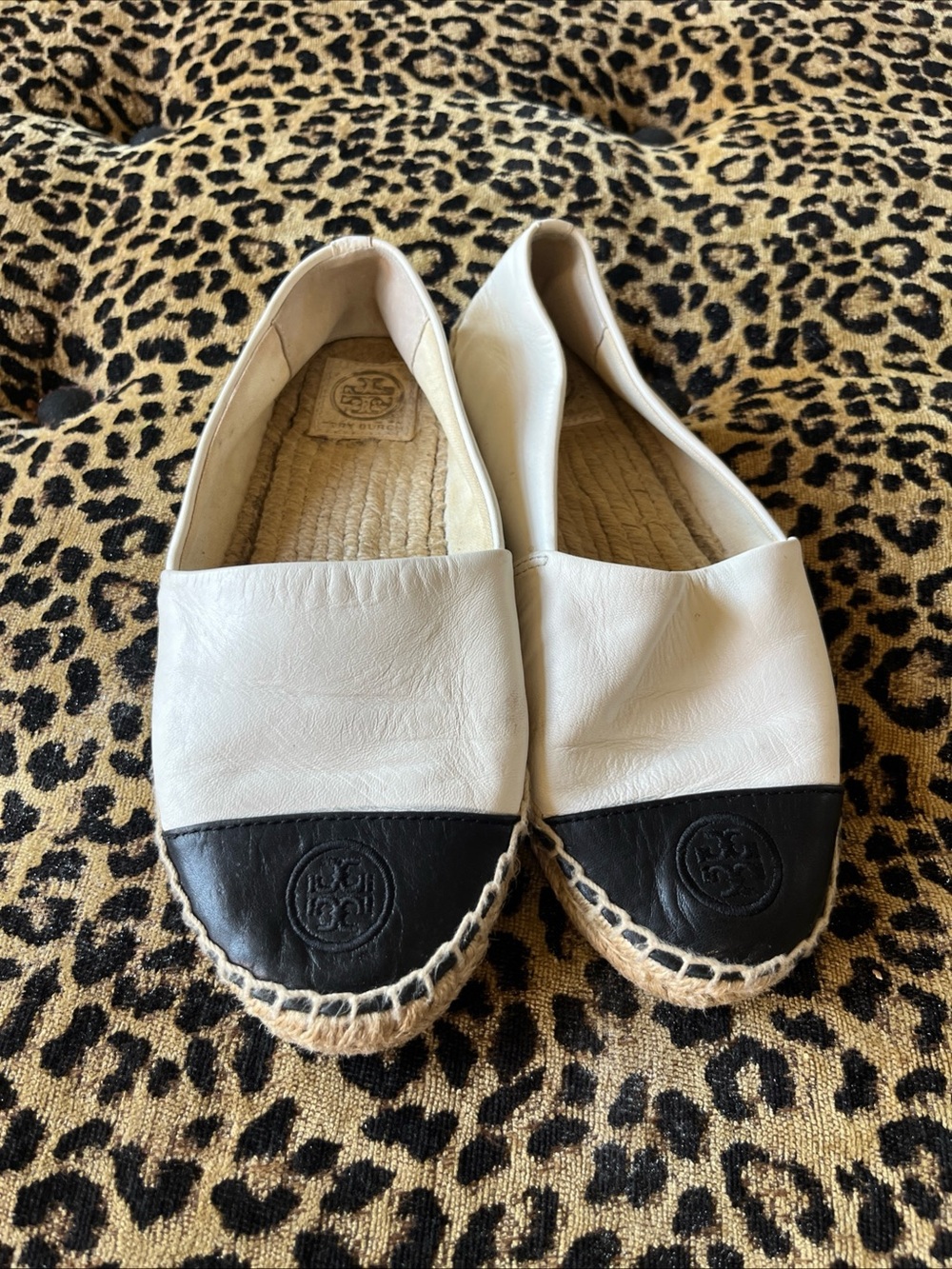 Tory Burch Two-Tone White and Black Espadrille Flats
